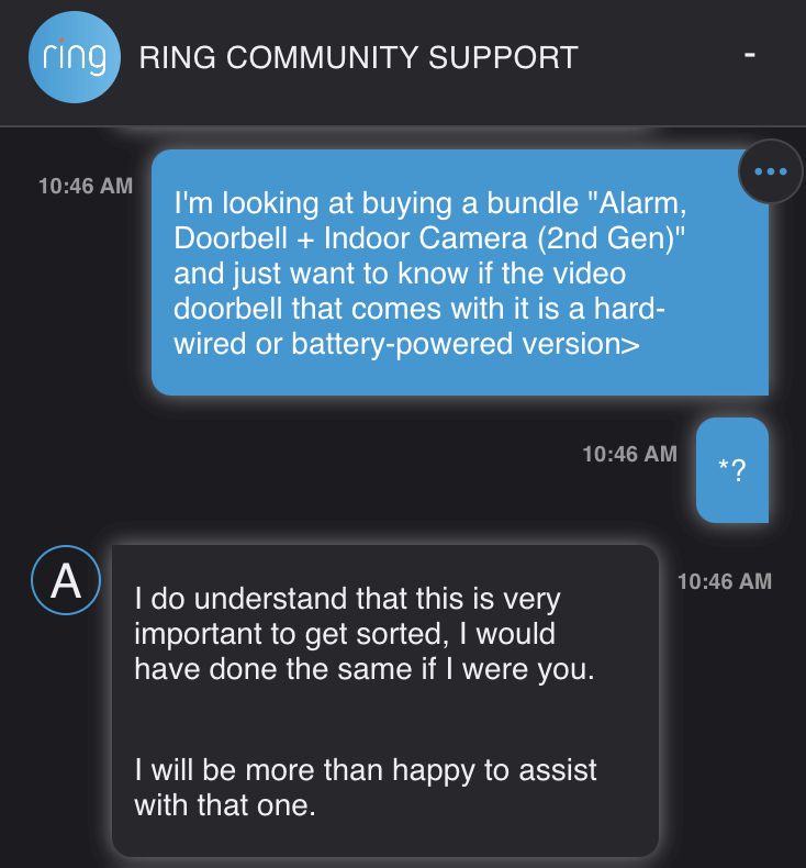 Example of Ring's support responses