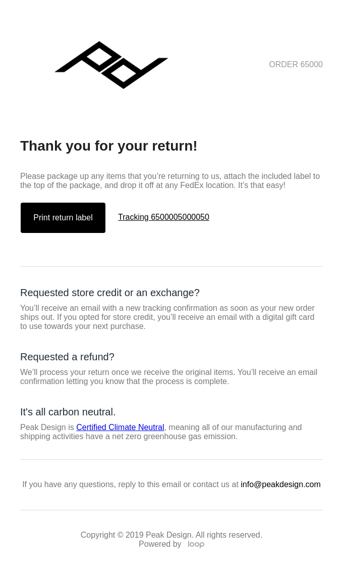 Example of Peak Design's return email