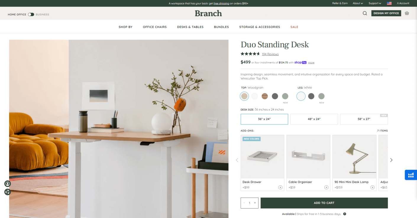 Branch's product page