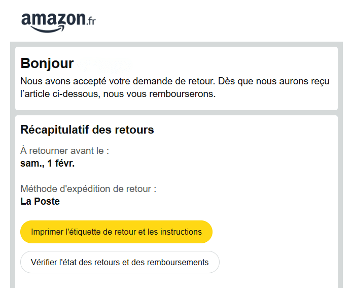 Email traitement retour produits Amazon