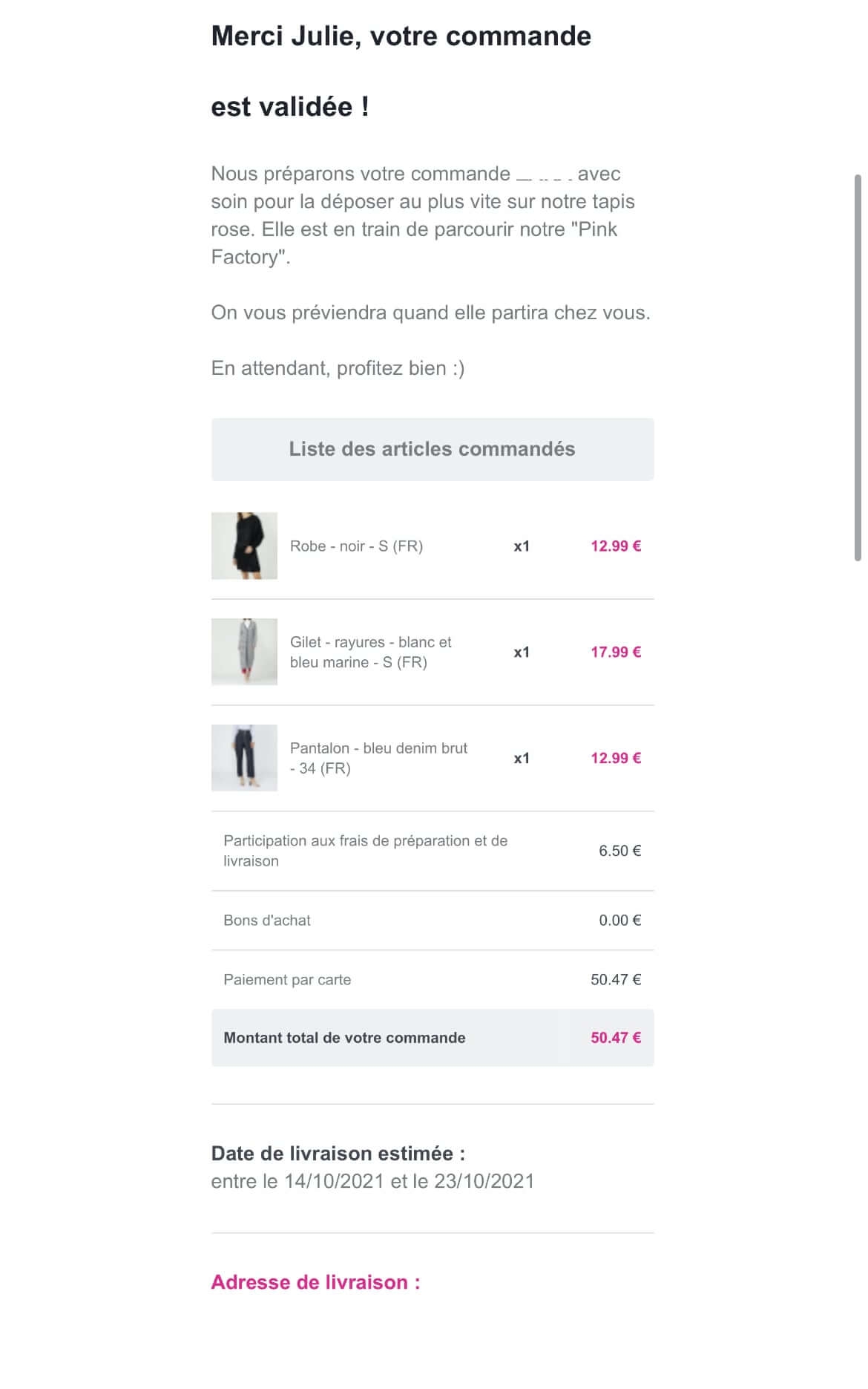 Email confirmation de commande Veepee