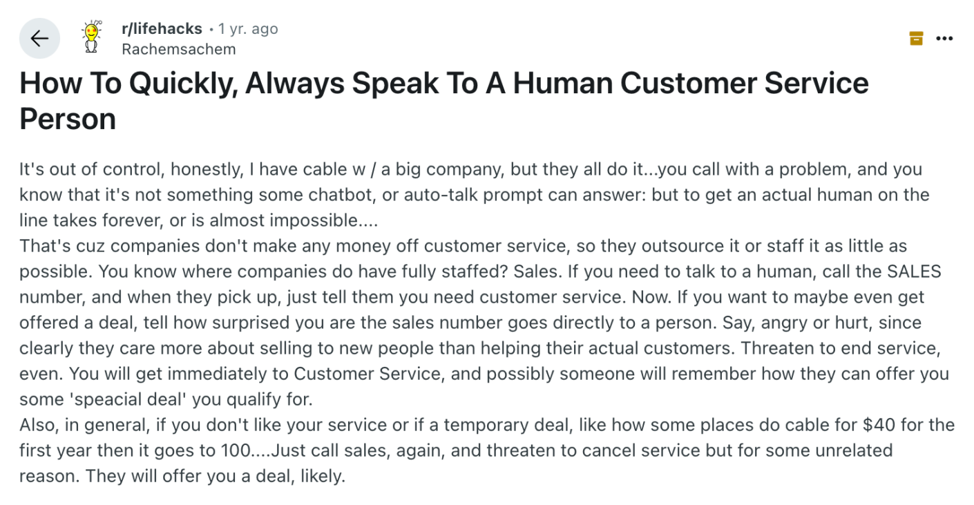 Reddit Tips to speak to a human in customer service